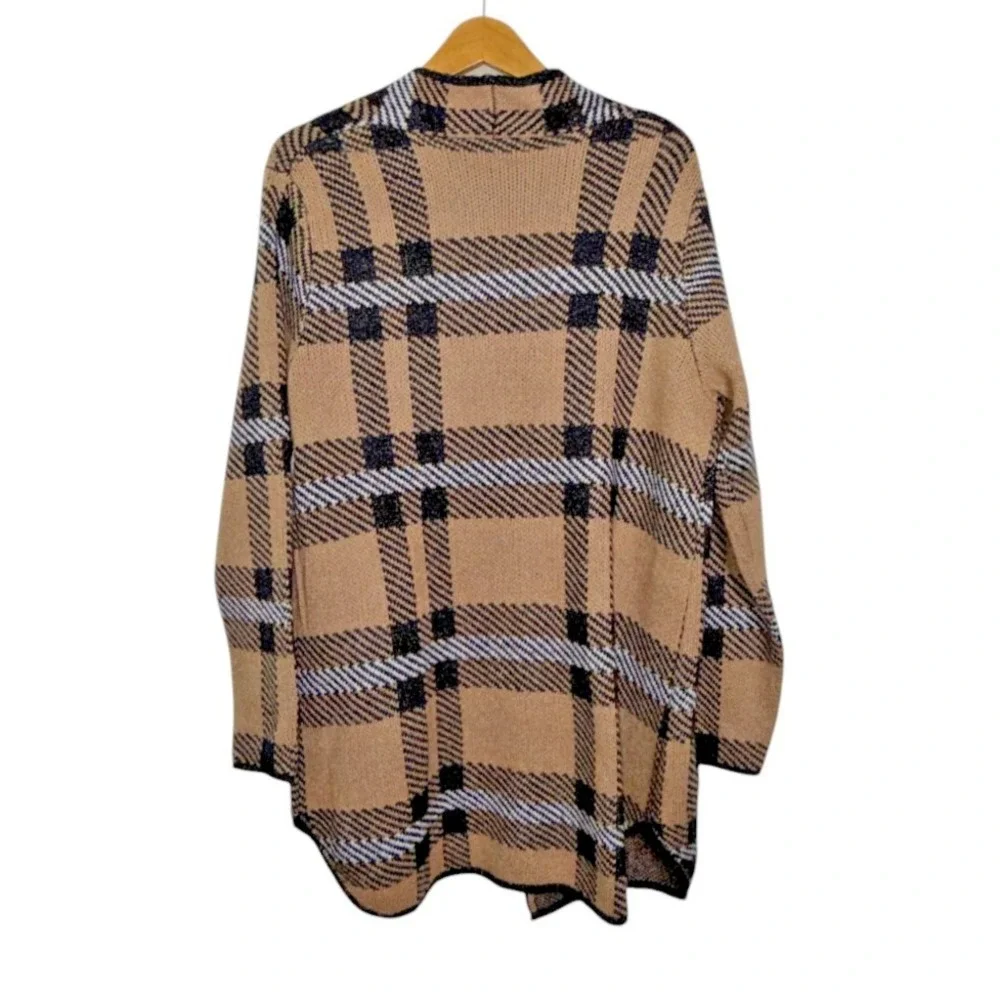 Adrienne Vitadini WOMENS LARGE PRE-OWNED TAN/BLACK CHECKERED FRONT OPEN Cardigan